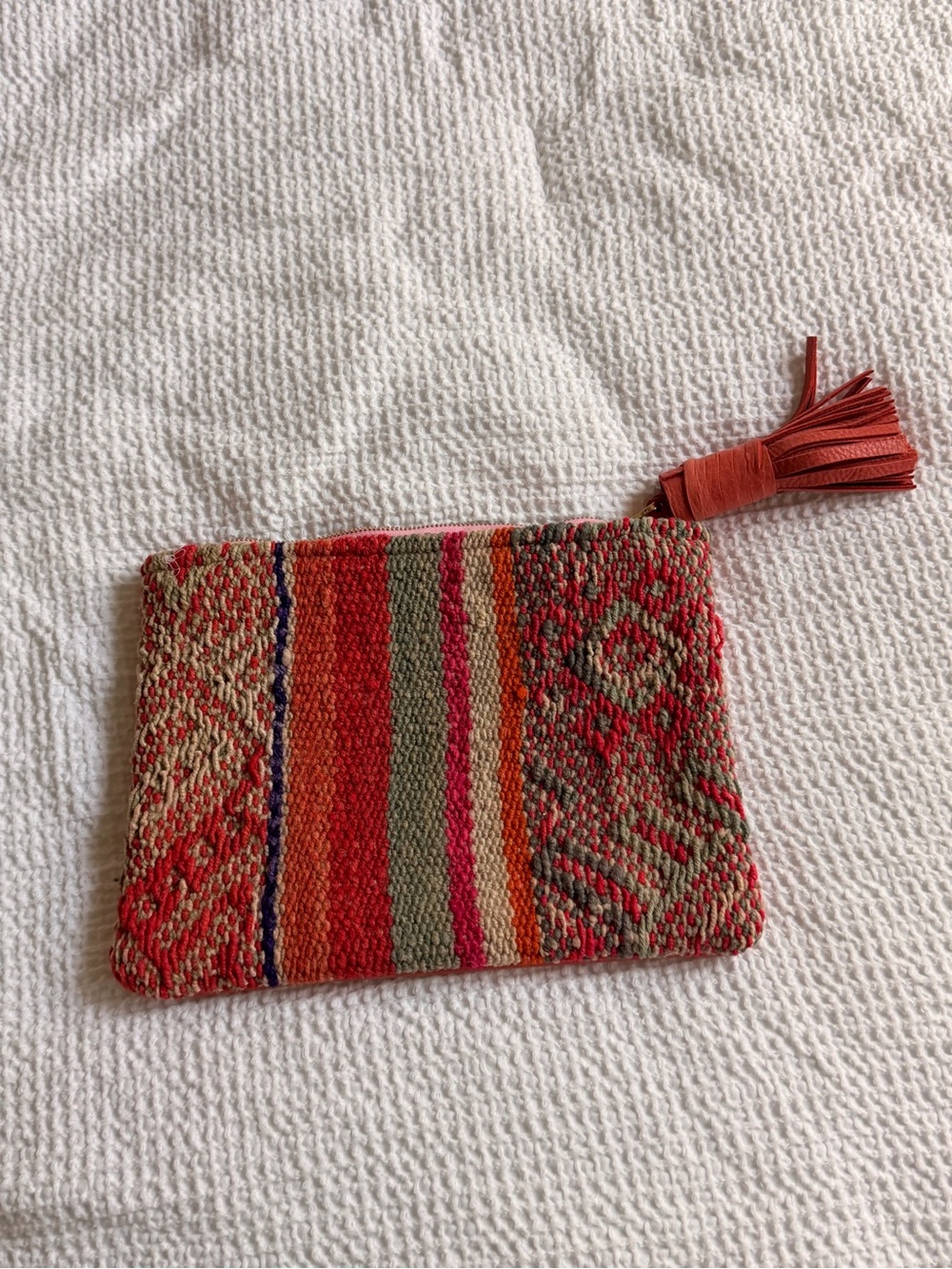 Handwoven Multistripe Red Cosmetic Pouch with Tassel Leather